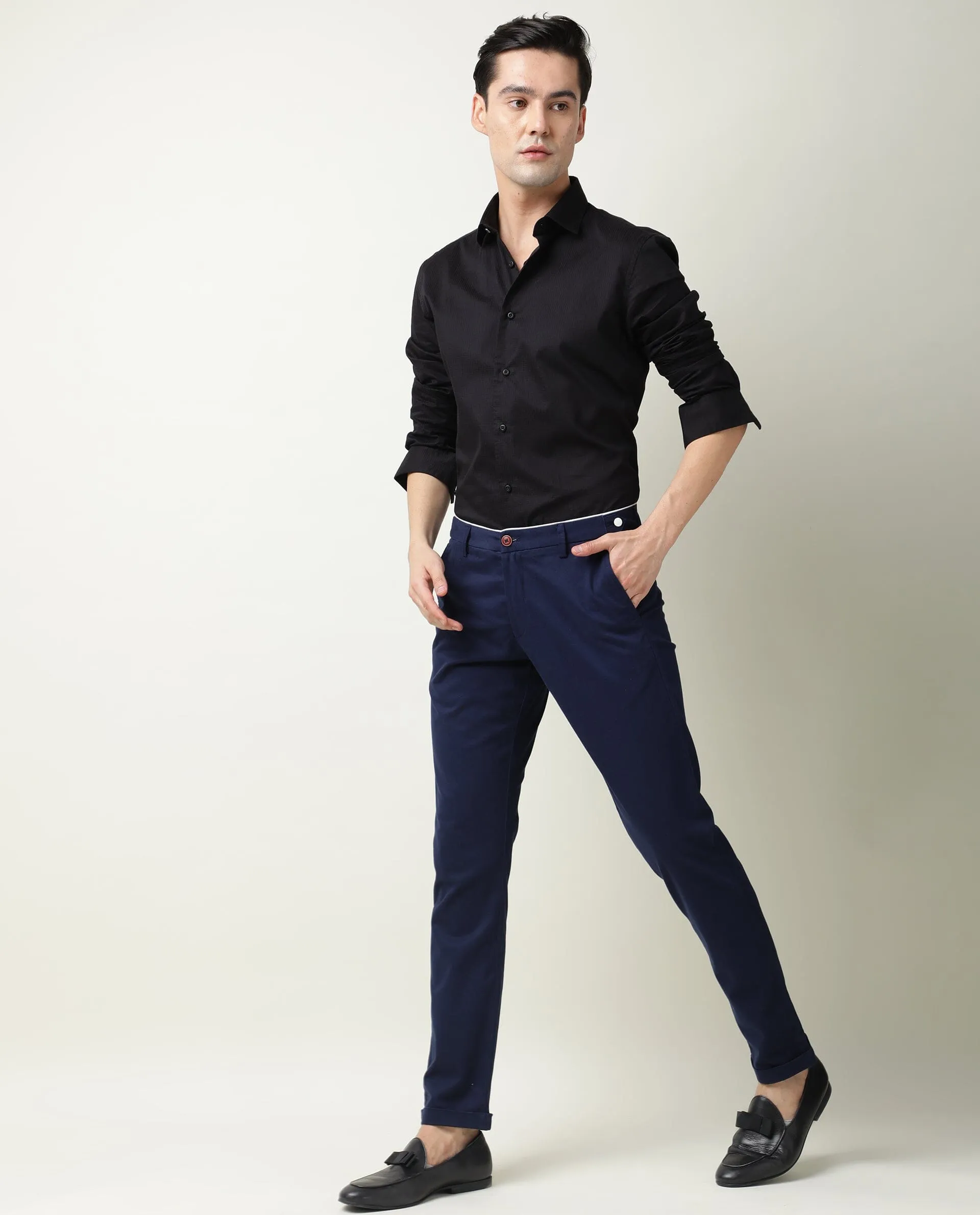 Rare Rabbit Men's Trews-22 Dark Blue Solid Mid-Rise Regular Fit Trouser