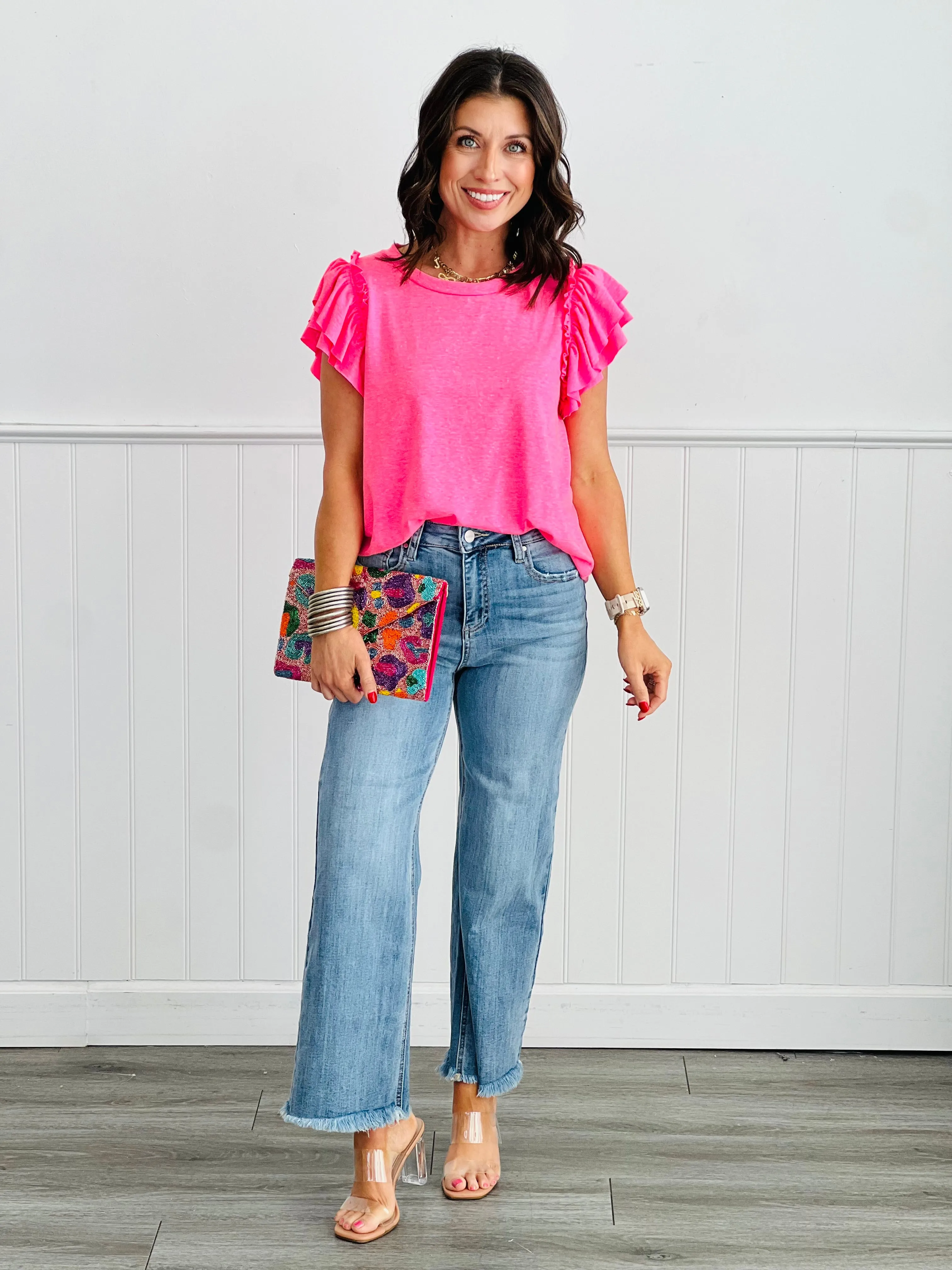 Relaxed Fit Round Neck Ruffle Sleeve Top (Reg. & Plus)- 4 Colors