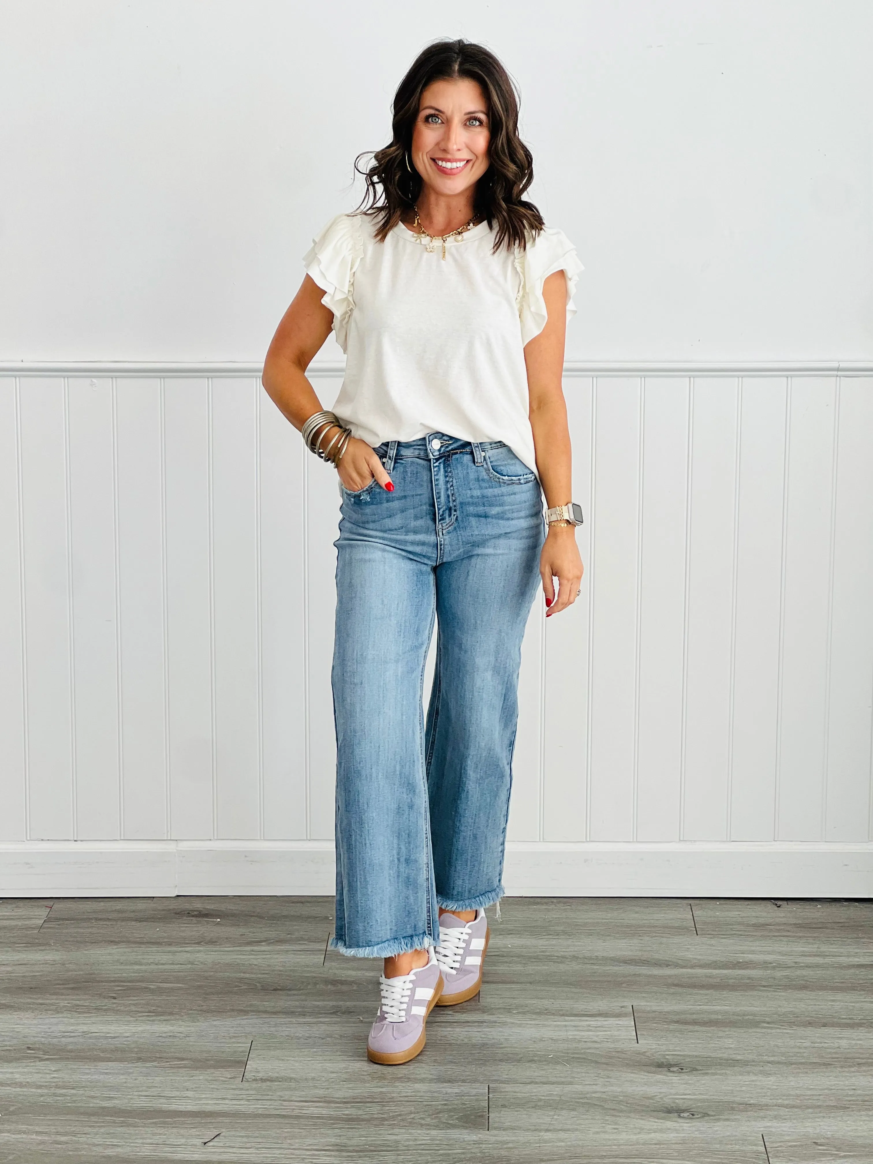 Relaxed Fit Round Neck Ruffle Sleeve Top (Reg. & Plus)- 4 Colors