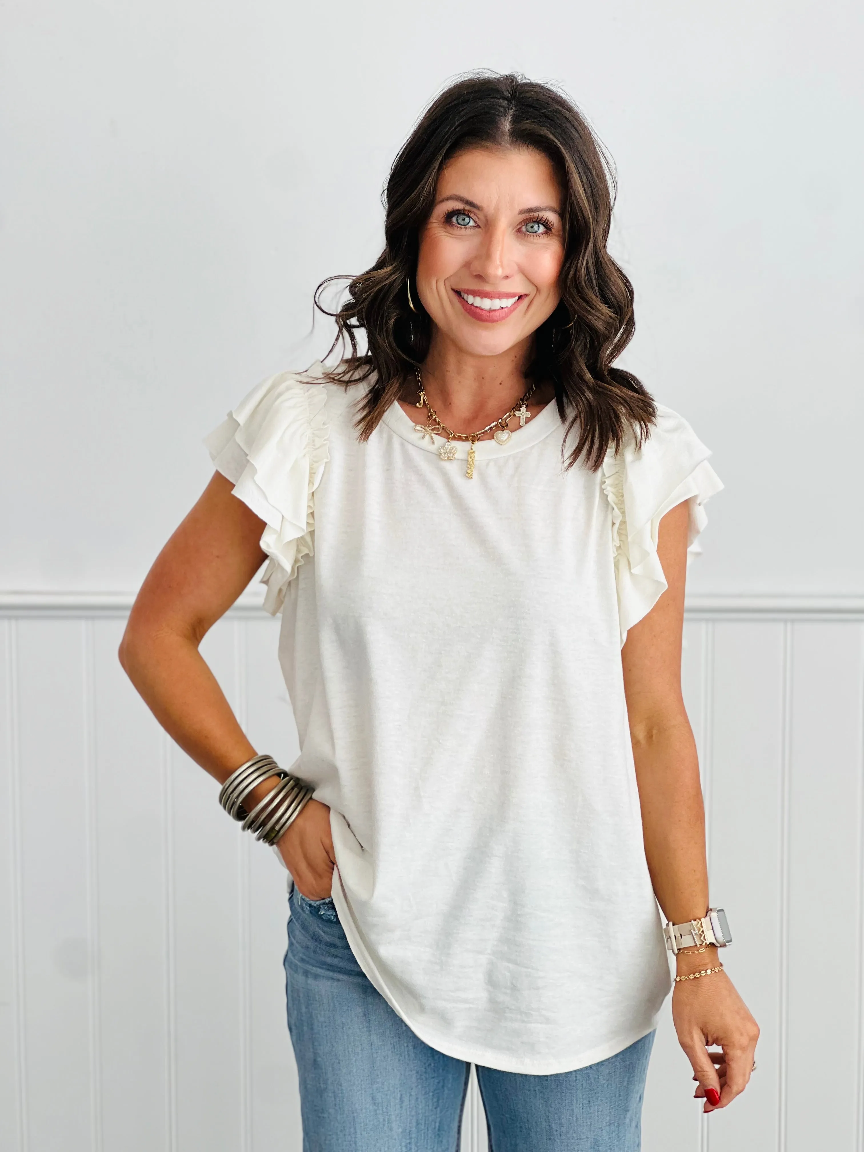 Relaxed Fit Round Neck Ruffle Sleeve Top (Reg. & Plus)- 4 Colors