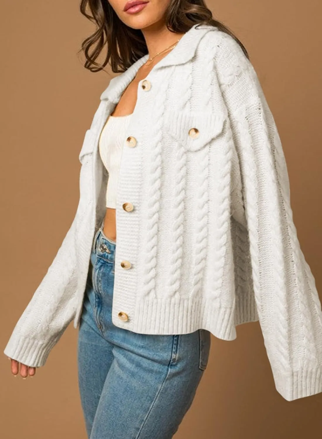 Sidefeel Women's 2024 Fall Long Sleeve Open Front Cardigan Sweaters Button Down Cable Knit Chunky Sweaters Outwear