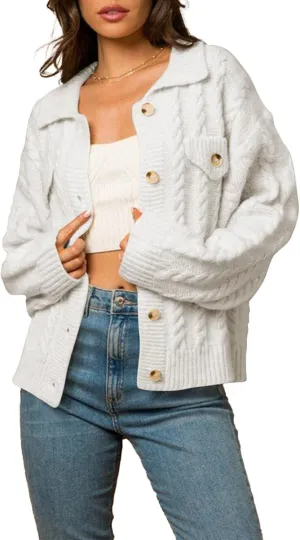 Sidefeel Women's 2024 Fall Long Sleeve Open Front Cardigan Sweaters Button Down Cable Knit Chunky Sweaters Outwear