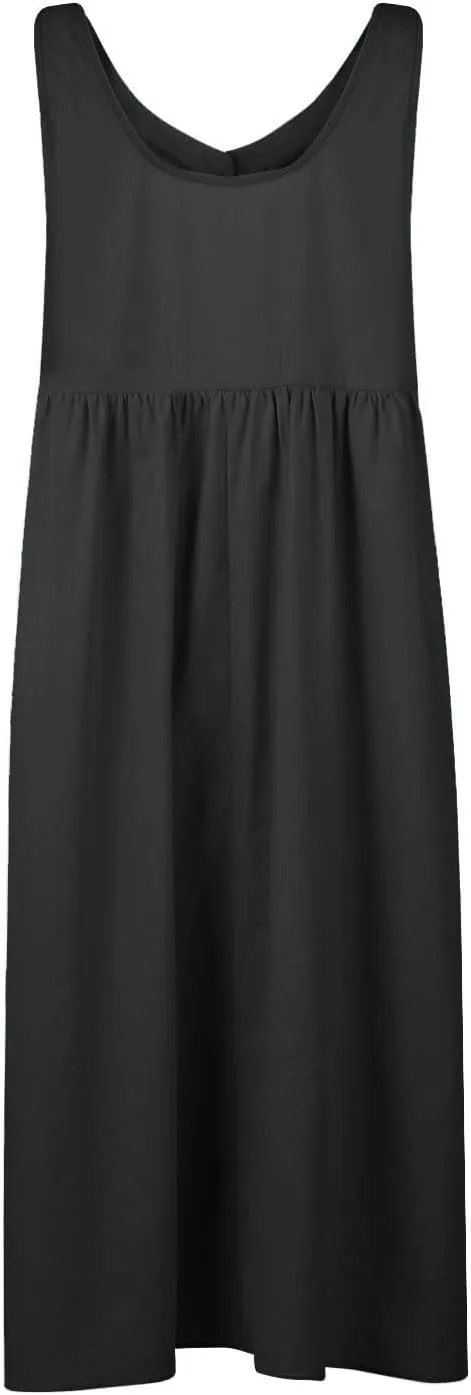 Sleeveless Dresses for Women 2024 Casual Boho Button V Neck Cotton Linen Dress Loose Fit Ruched Beach Tank Sundress