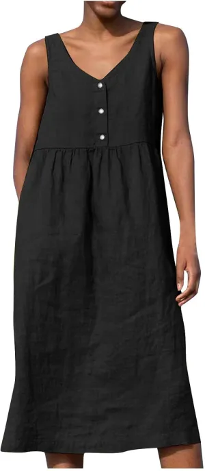 Sleeveless Dresses for Women 2024 Casual Boho Button V Neck Cotton Linen Dress Loose Fit Ruched Beach Tank Sundress