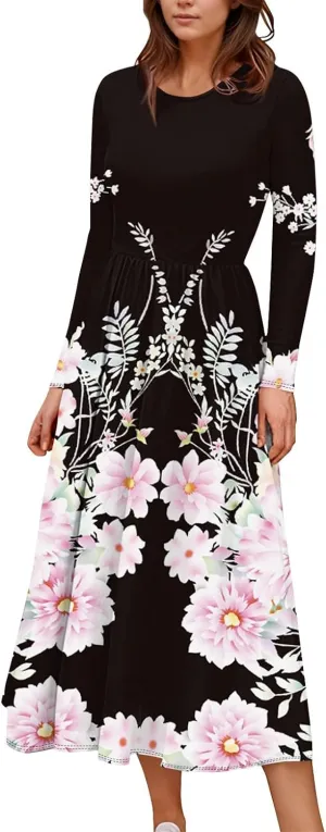 Spring Dresses for Women 2025 Long Sleeve O Neck Midi Tea Length Boho Vacation Trendy Waist Cruise Dress