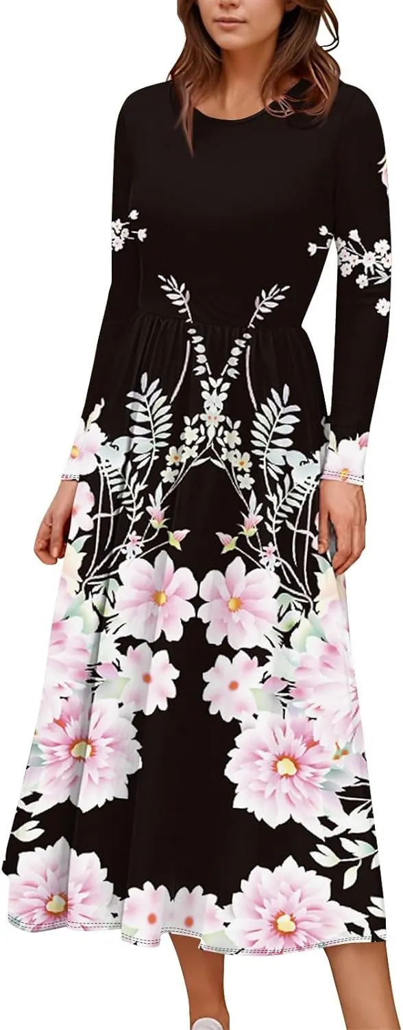 Spring Dresses for Women 2025 Long Sleeve O Neck Midi Tea Length Boho Vacation Trendy Waist Cruise Dress