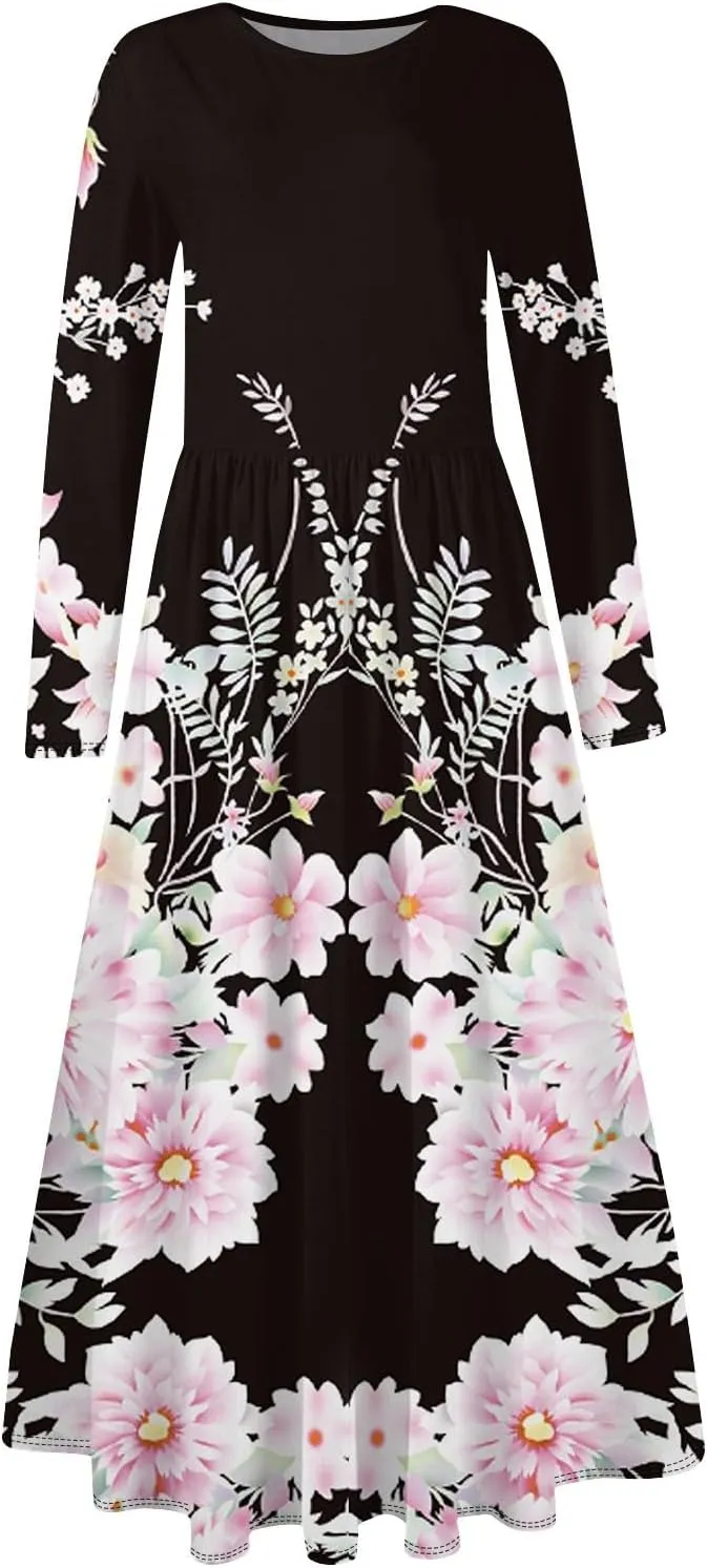 Spring Dresses for Women 2025 Long Sleeve O Neck Midi Tea Length Boho Vacation Trendy Waist Cruise Dress