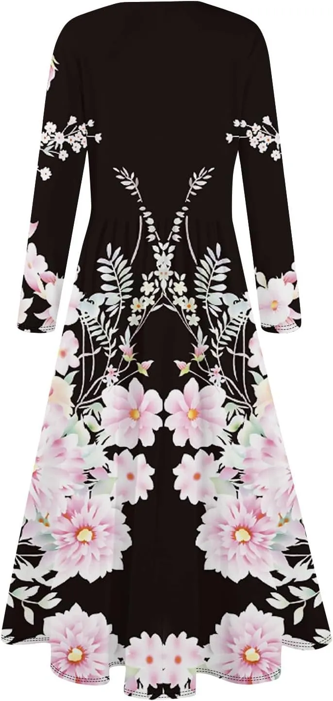 Spring Dresses for Women 2025 Long Sleeve O Neck Midi Tea Length Boho Vacation Trendy Waist Cruise Dress
