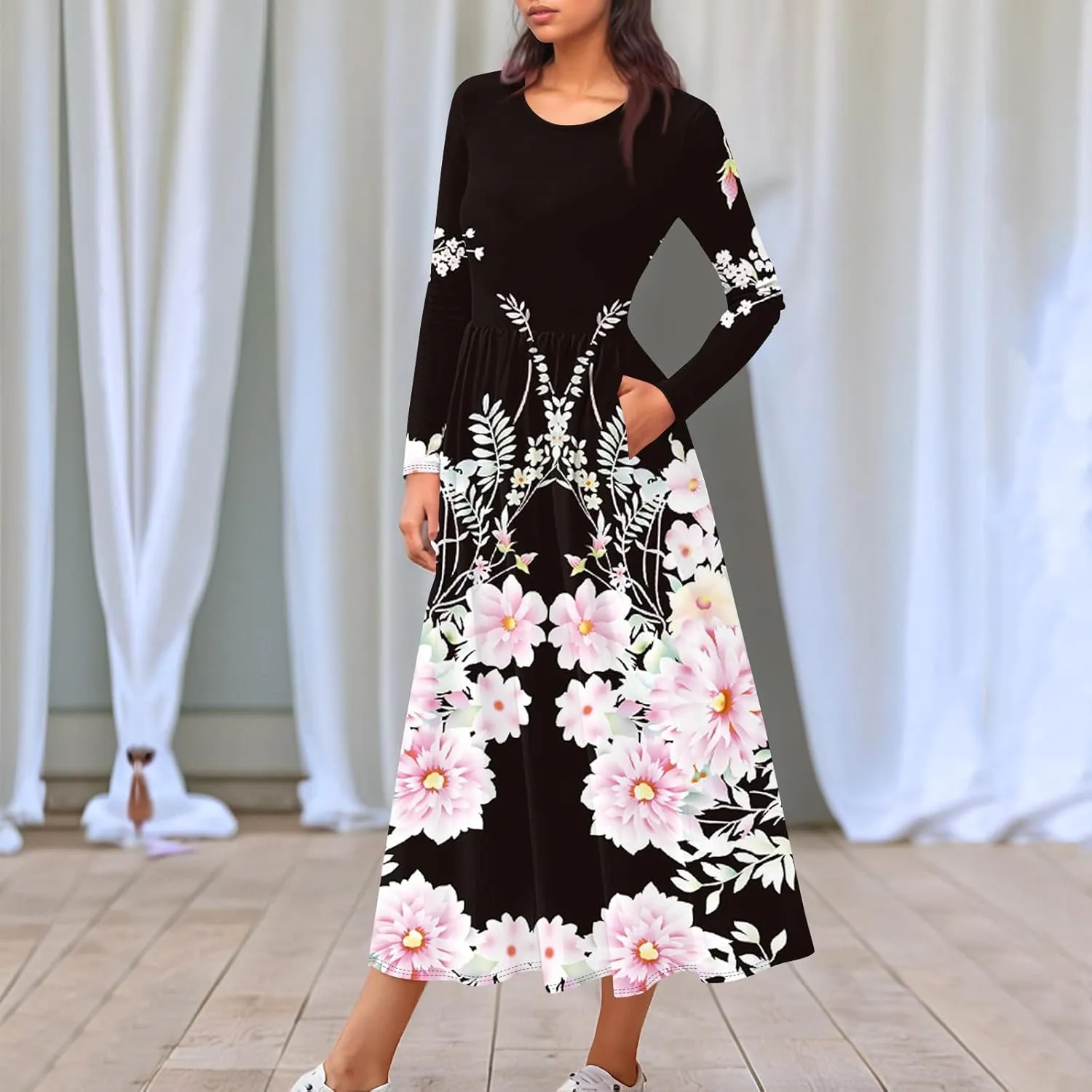 Spring Dresses for Women 2025 Long Sleeve O Neck Midi Tea Length Boho Vacation Trendy Waist Cruise Dress