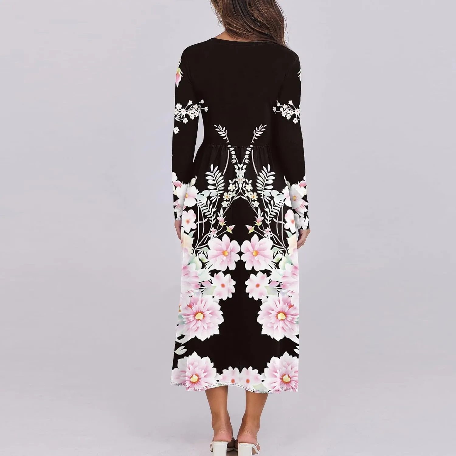 Spring Dresses for Women 2025 Long Sleeve O Neck Midi Tea Length Boho Vacation Trendy Waist Cruise Dress