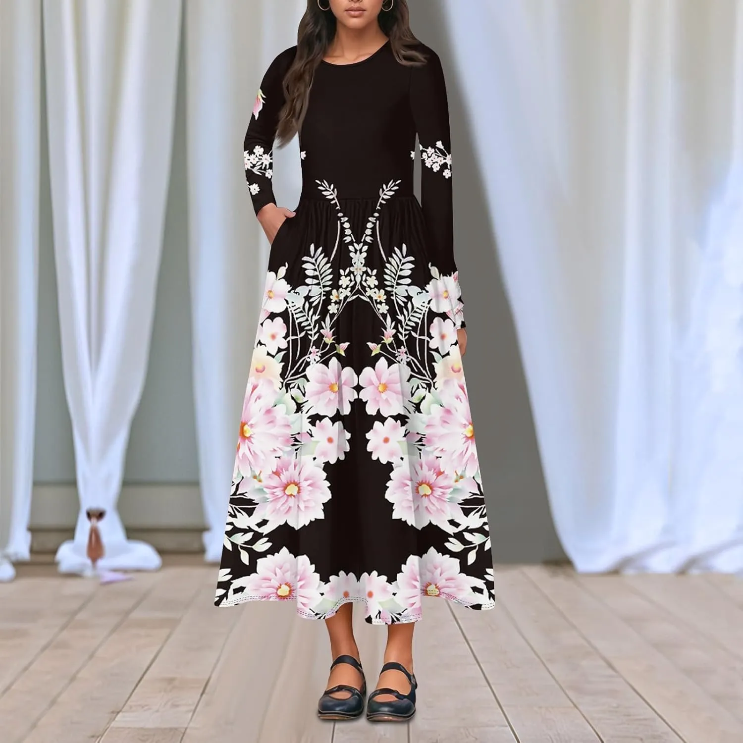 Spring Dresses for Women 2025 Long Sleeve O Neck Midi Tea Length Boho Vacation Trendy Waist Cruise Dress
