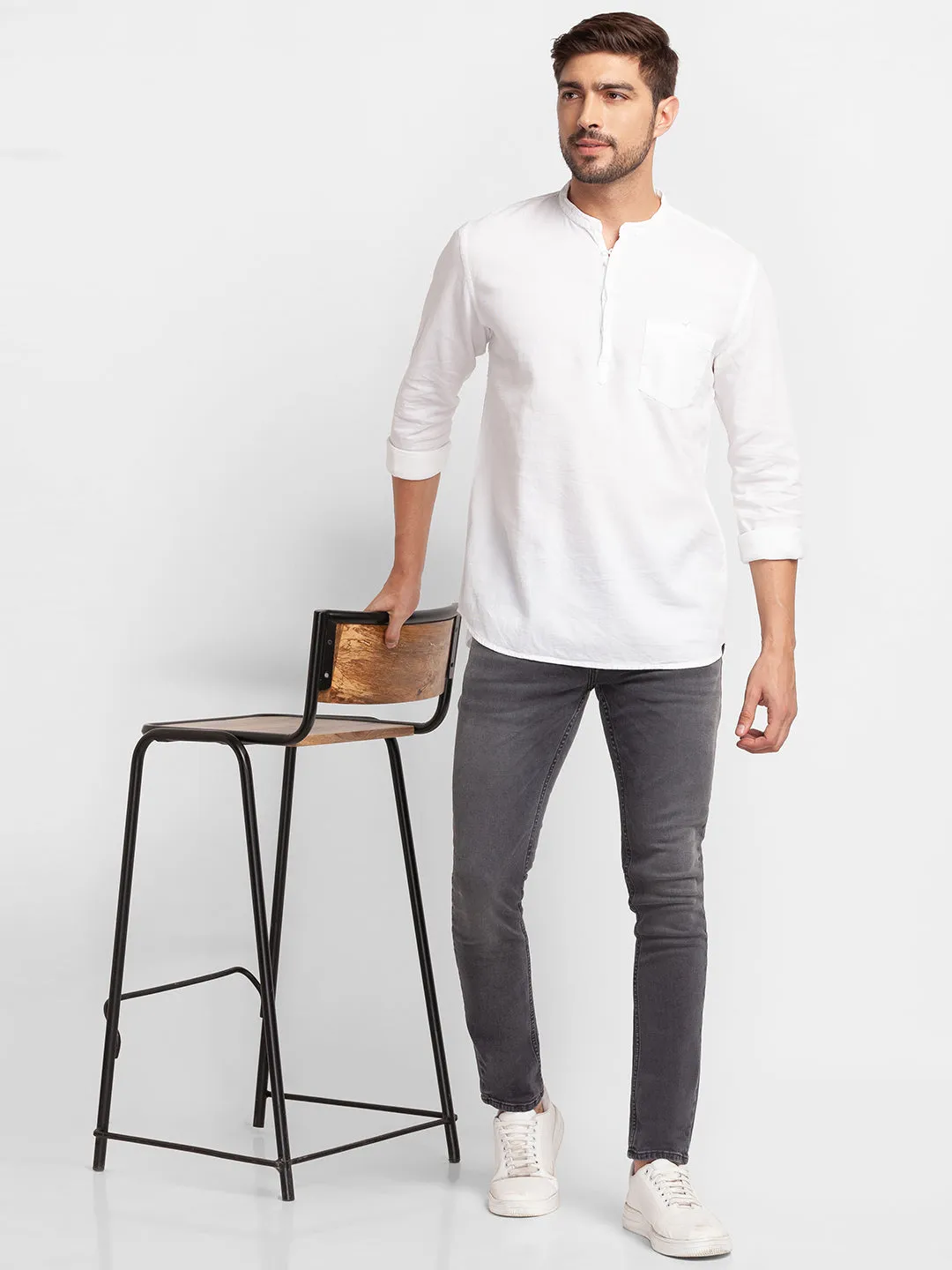 Spykar White Cotton Full Sleeve Plain Shirt Kurta For Men