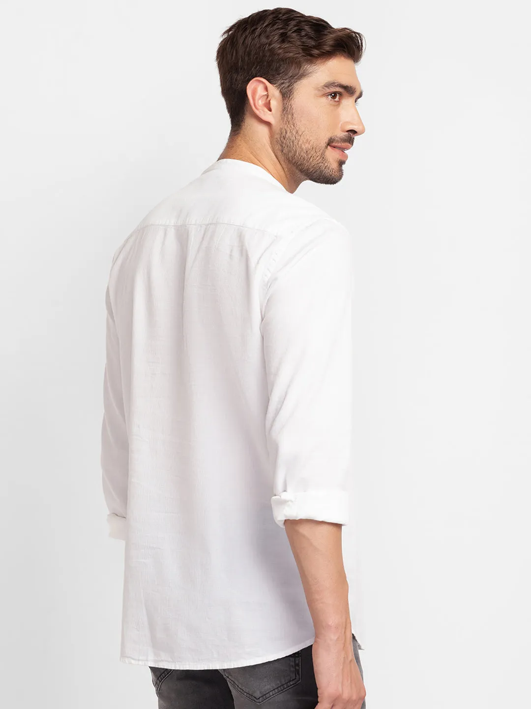 Spykar White Cotton Full Sleeve Plain Shirt Kurta For Men