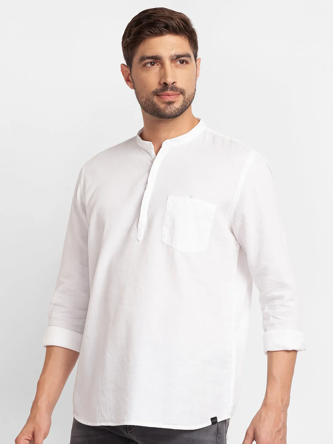 Spykar White Cotton Full Sleeve Plain Shirt Kurta For Men