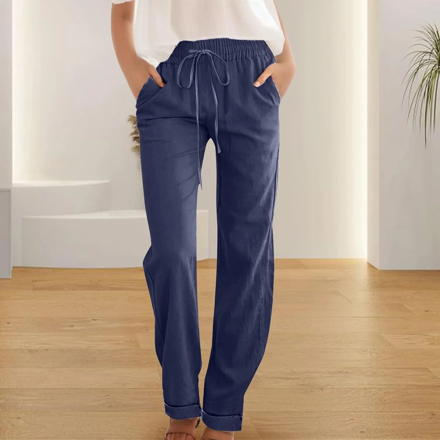 Straight Leg Linen Pants for Women 2025 Summer Slim Leg Elastic Waist Trousers Fashion Casual Lounge Work Office Pant