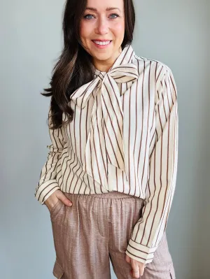 Striped Button-Up Blouse with Tie Detail