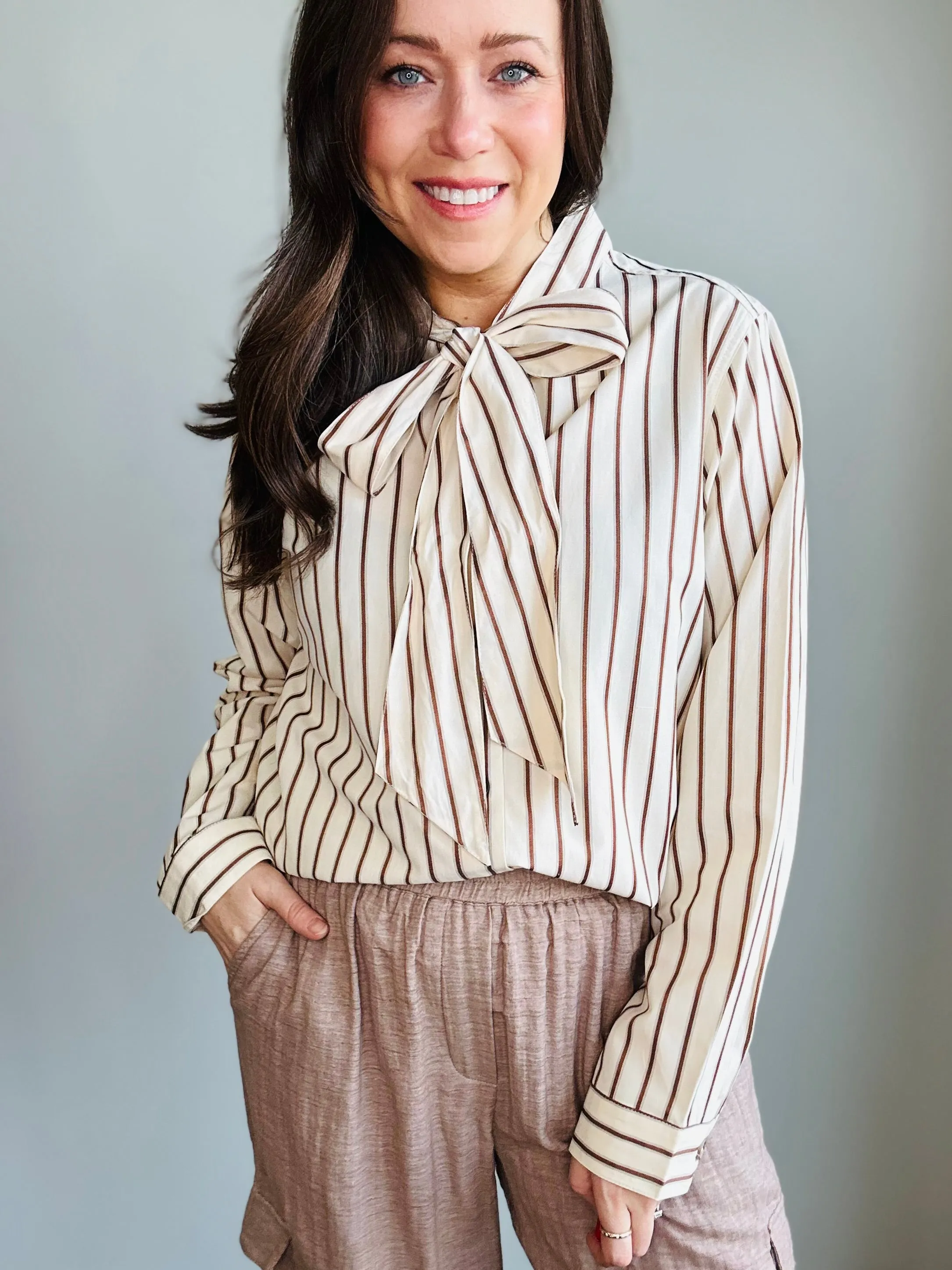Striped Button-Up Blouse with Tie Detail