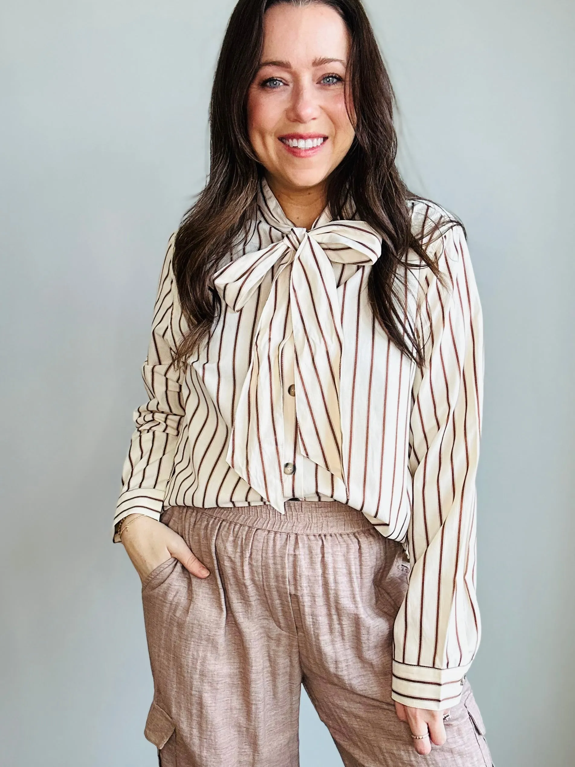 Striped Button-Up Blouse with Tie Detail