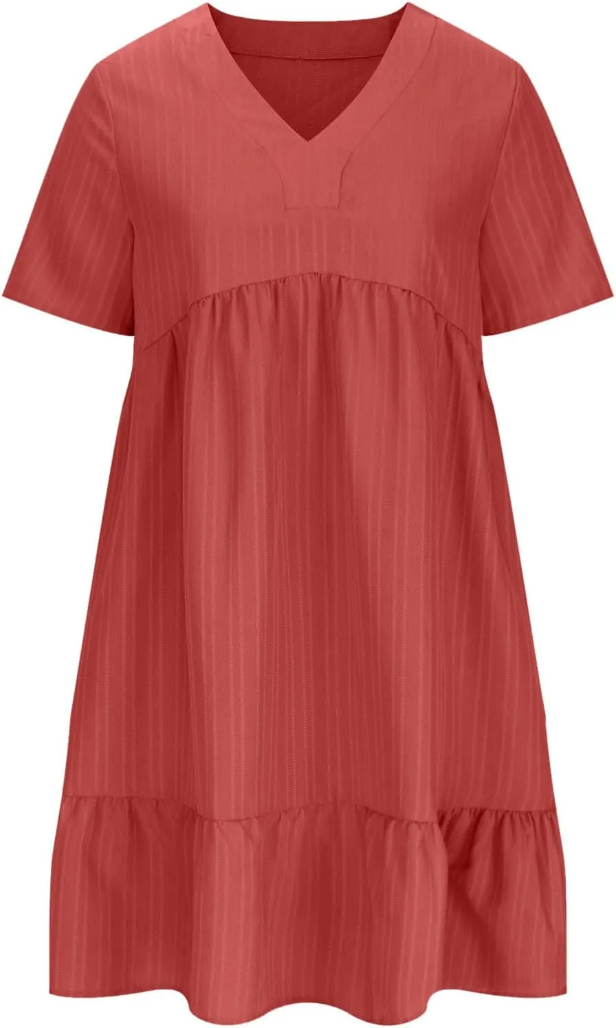 Summer Textured Dresses for Women Short Sleeve V Neck Trendy Sundress Casual Soft Boho Ruffle Dress Beachwear