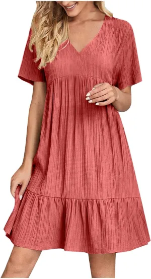 Summer Textured Dresses for Women Short Sleeve V Neck Trendy Sundress Casual Soft Boho Ruffle Dress Beachwear