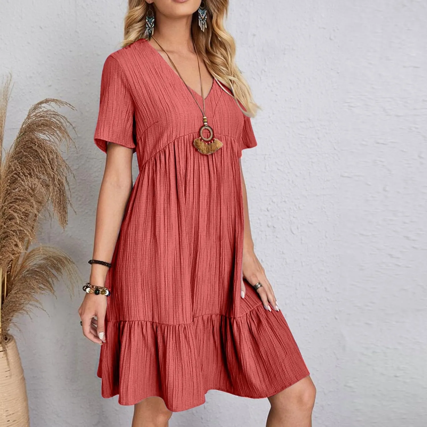 Summer Textured Dresses for Women Short Sleeve V Neck Trendy Sundress Casual Soft Boho Ruffle Dress Beachwear