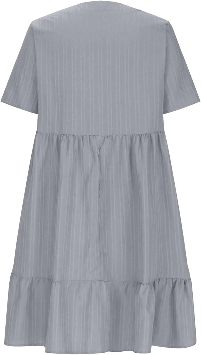 Summer Textured Dresses for Women Short Sleeve V Neck Trendy Sundress Casual Soft Boho Ruffle Dress Beachwear