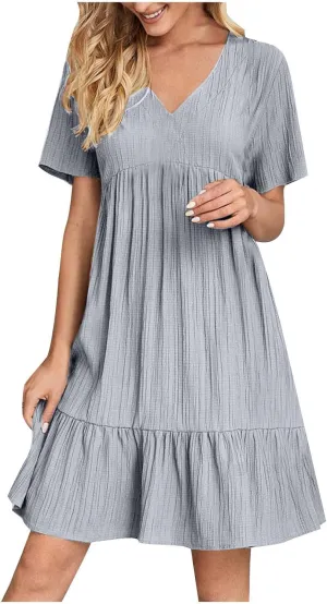 Summer Textured Dresses for Women Short Sleeve V Neck Trendy Sundress Casual Soft Boho Ruffle Dress Beachwear