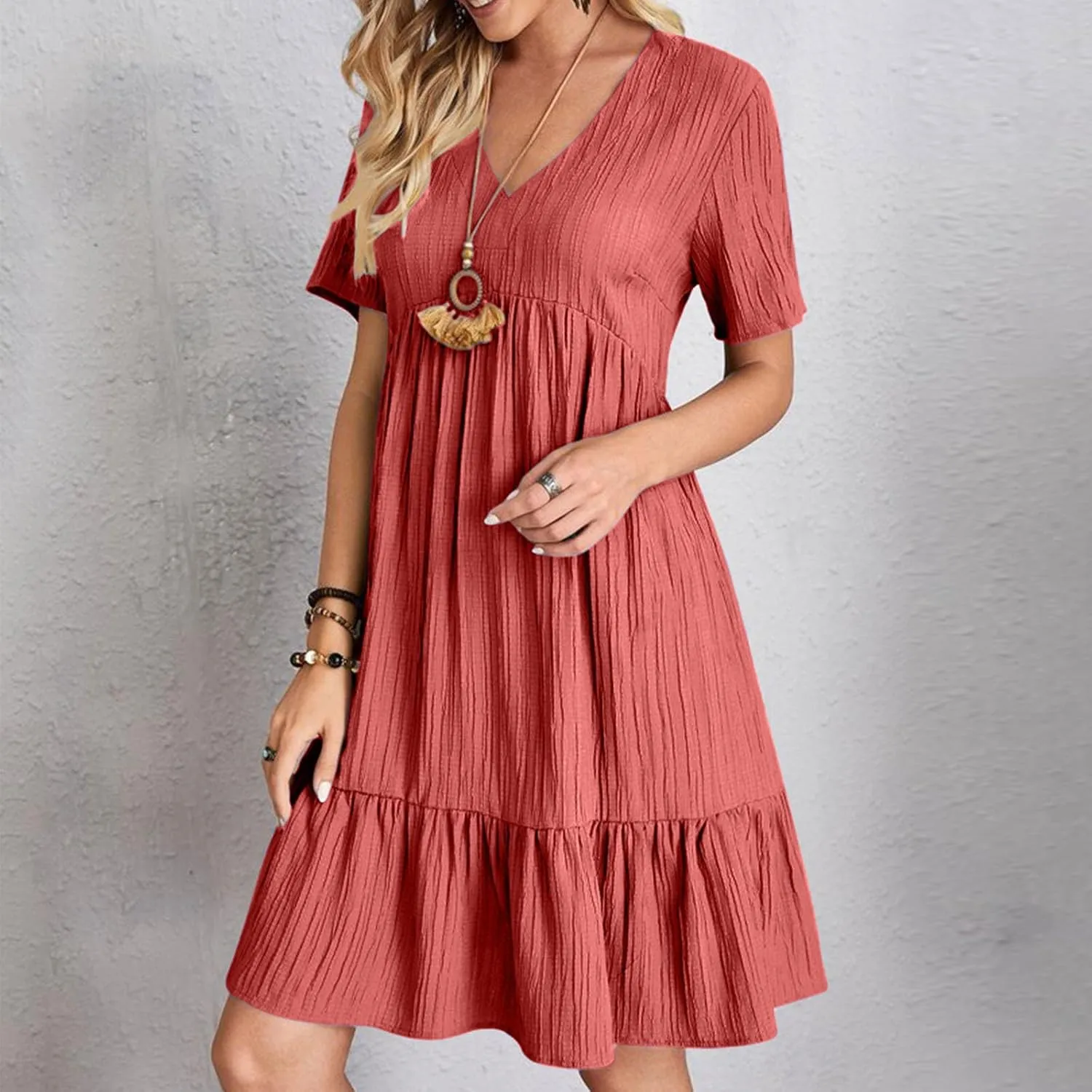 Summer Textured Dresses for Women Short Sleeve V Neck Trendy Sundress Casual Soft Boho Ruffle Dress Beachwear