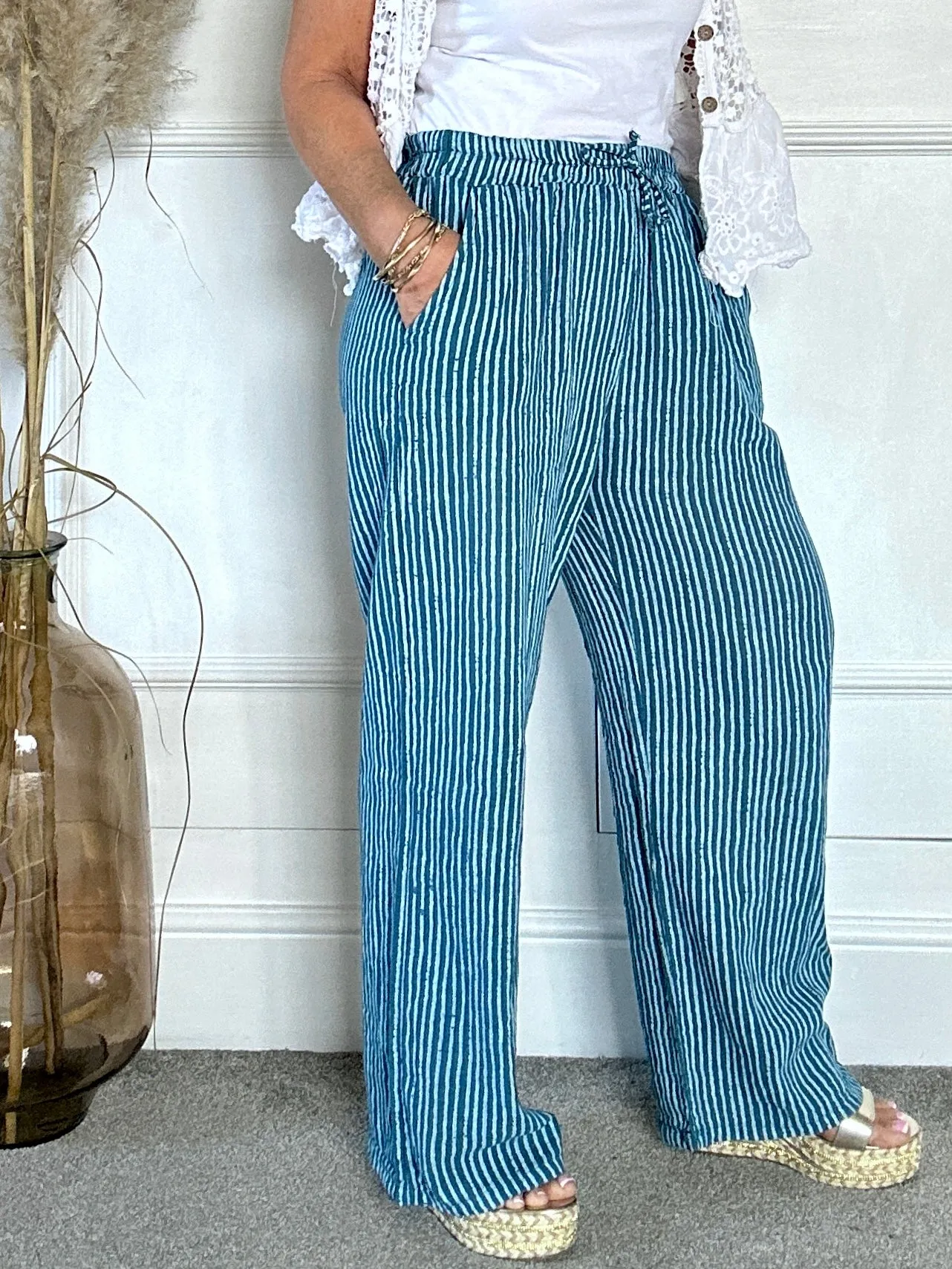 The Penny Pinstripe Wide Leg Cotton Pants Trouser With Pockets