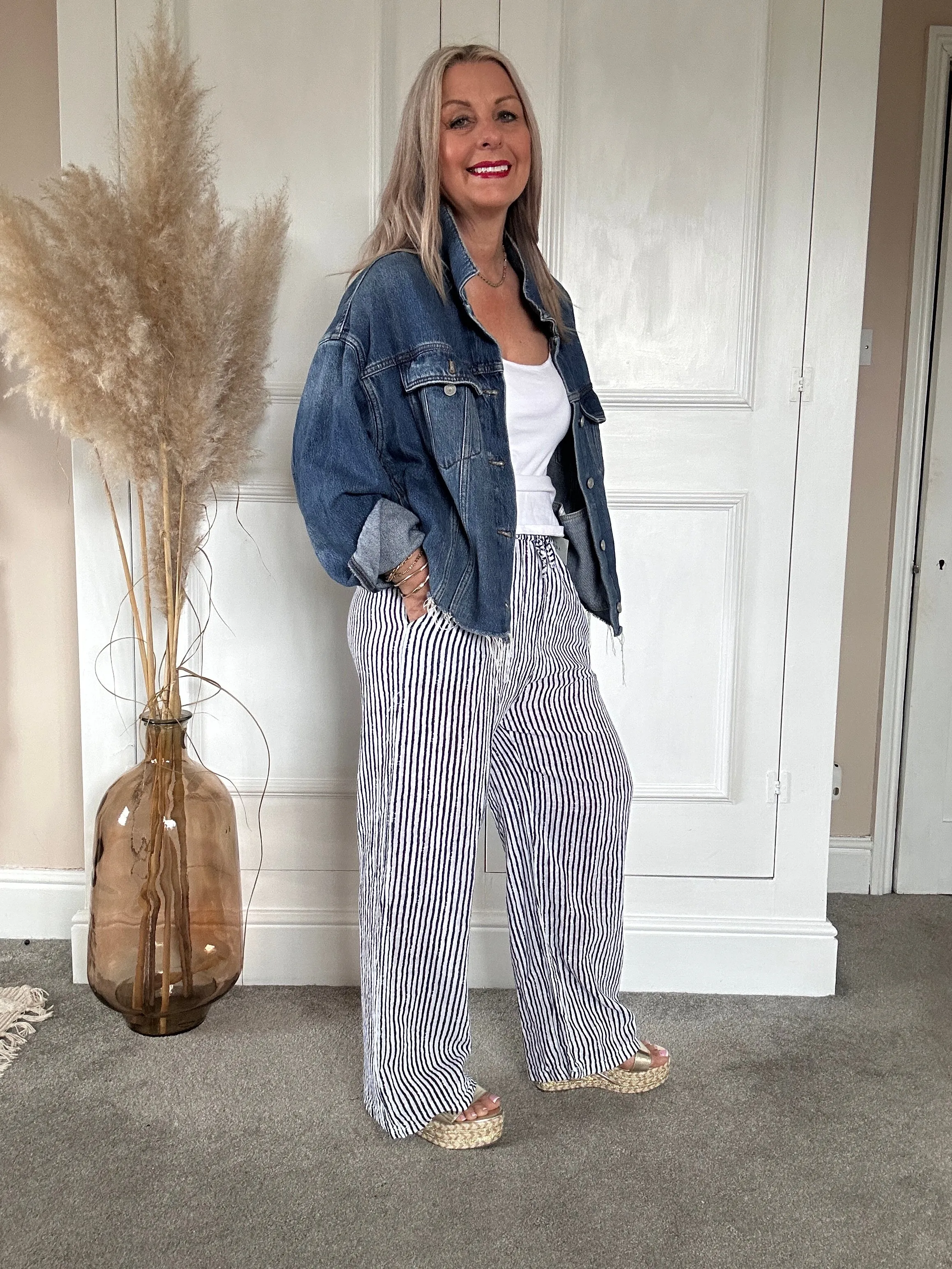 The Penny Pinstripe Wide Leg Cotton Pants Trouser With Pockets