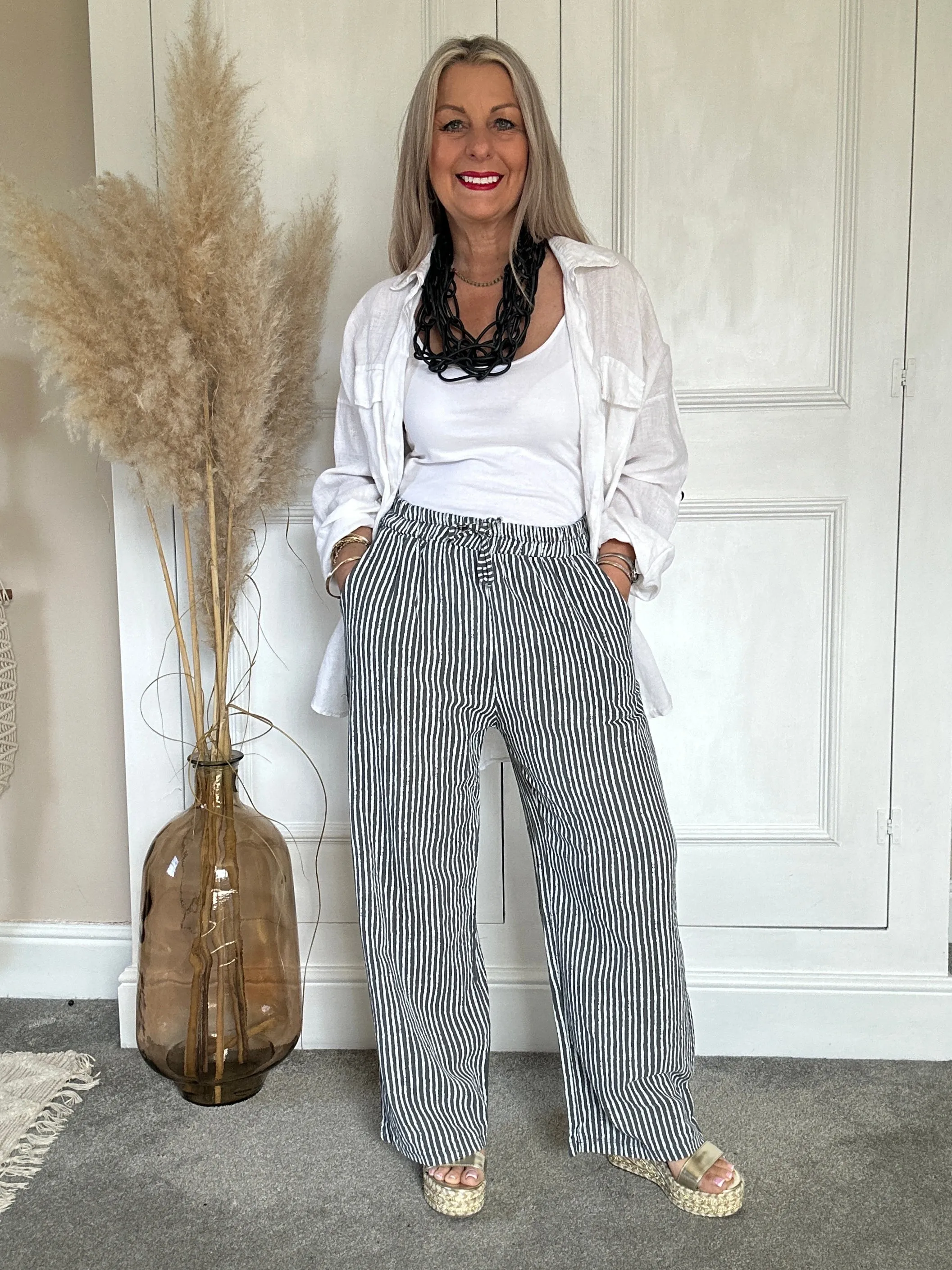 The Penny Pinstripe Wide Leg Cotton Pants Trouser With Pockets