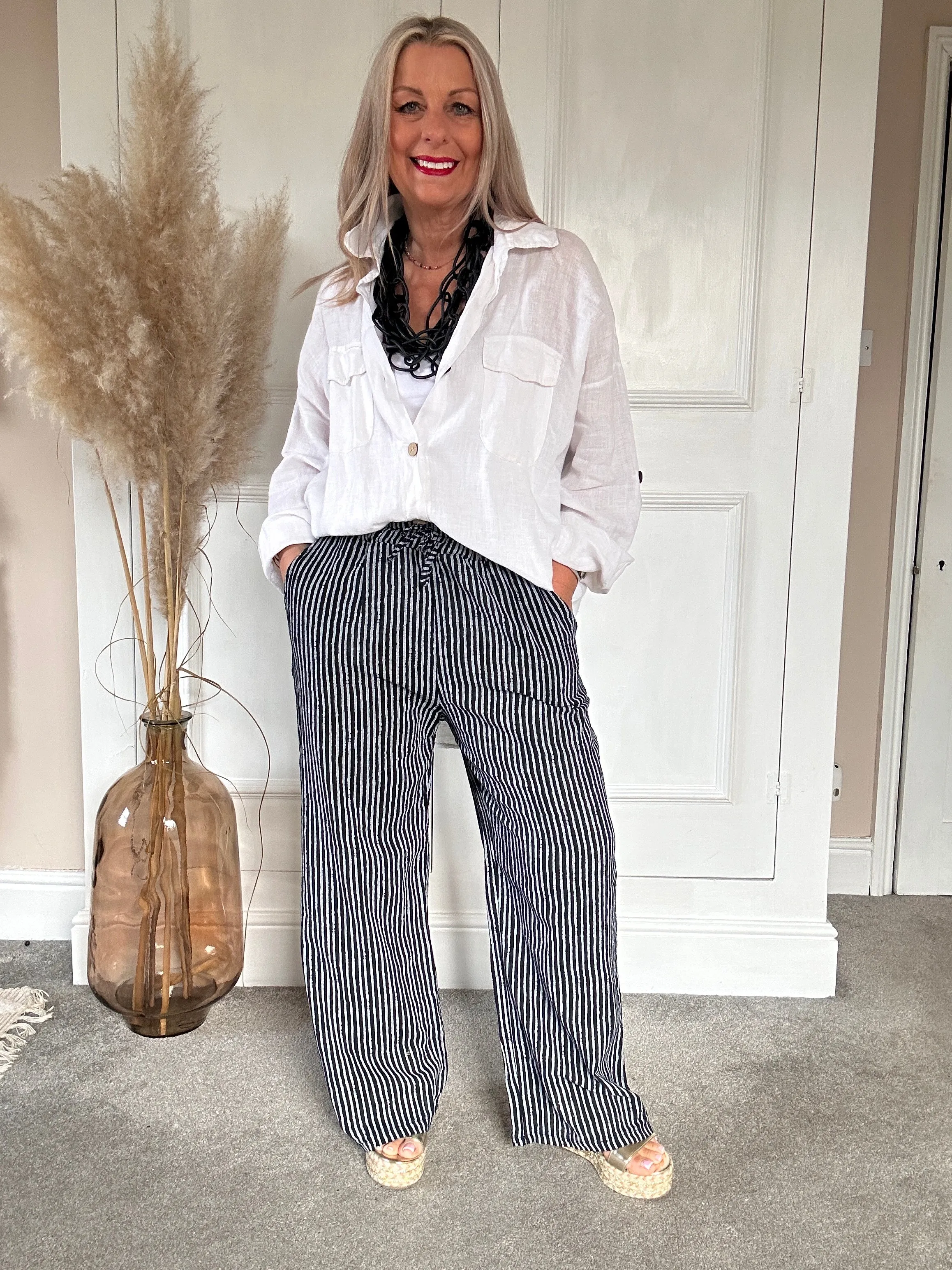 The Penny Pinstripe Wide Leg Cotton Pants Trouser With Pockets