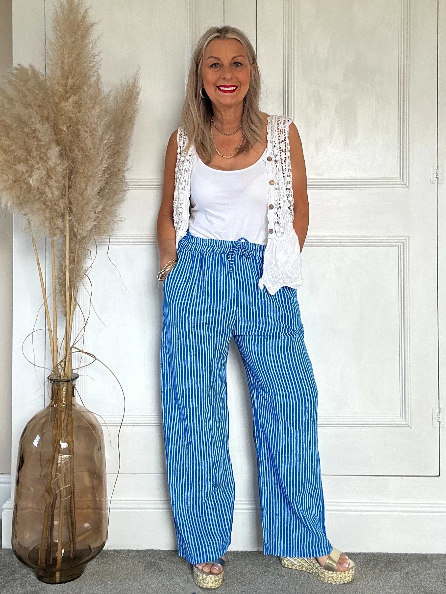 The Penny Pinstripe Wide Leg Cotton Pants Trouser With Pockets