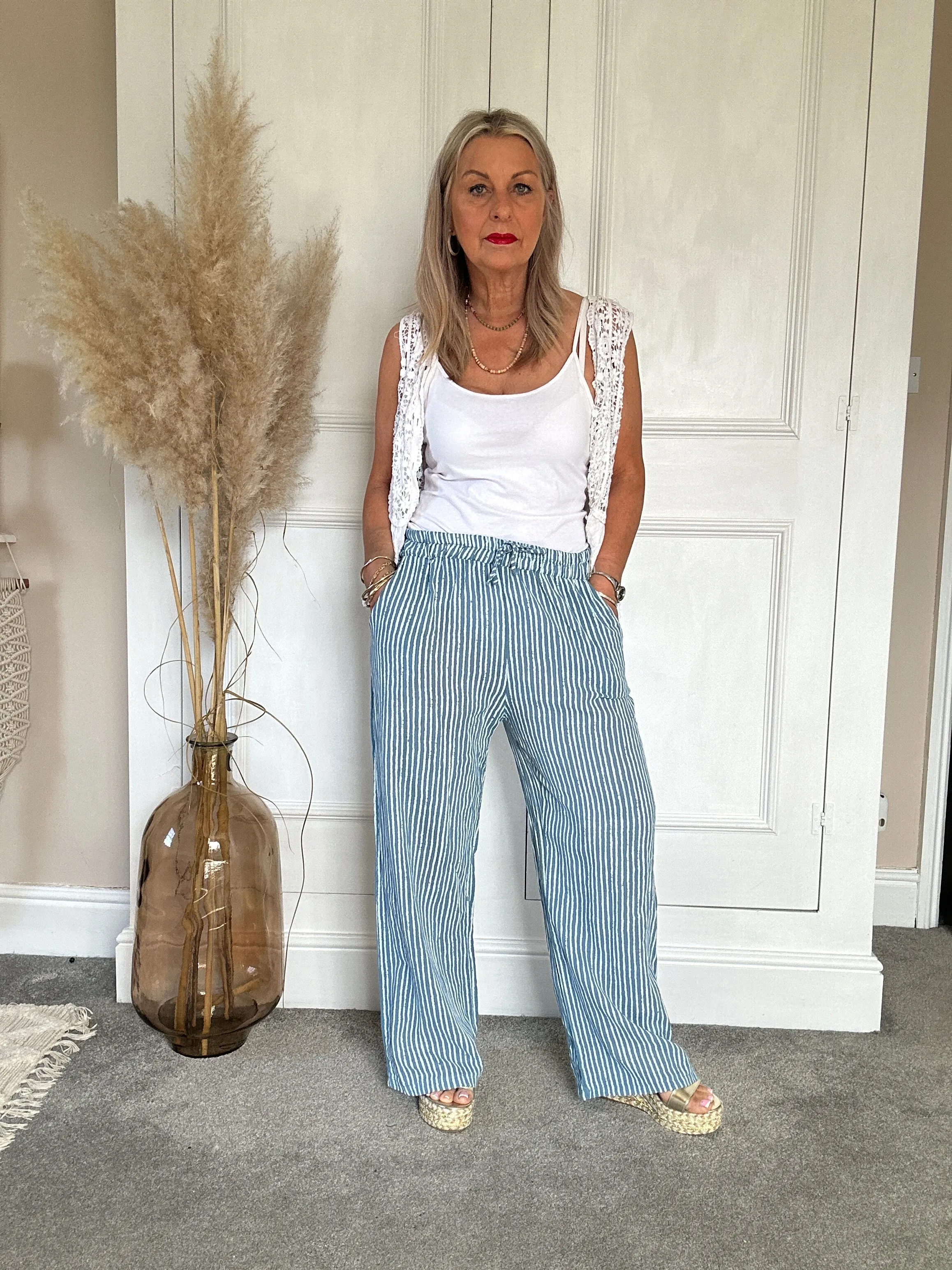 The Penny Pinstripe Wide Leg Cotton Pants Trouser With Pockets
