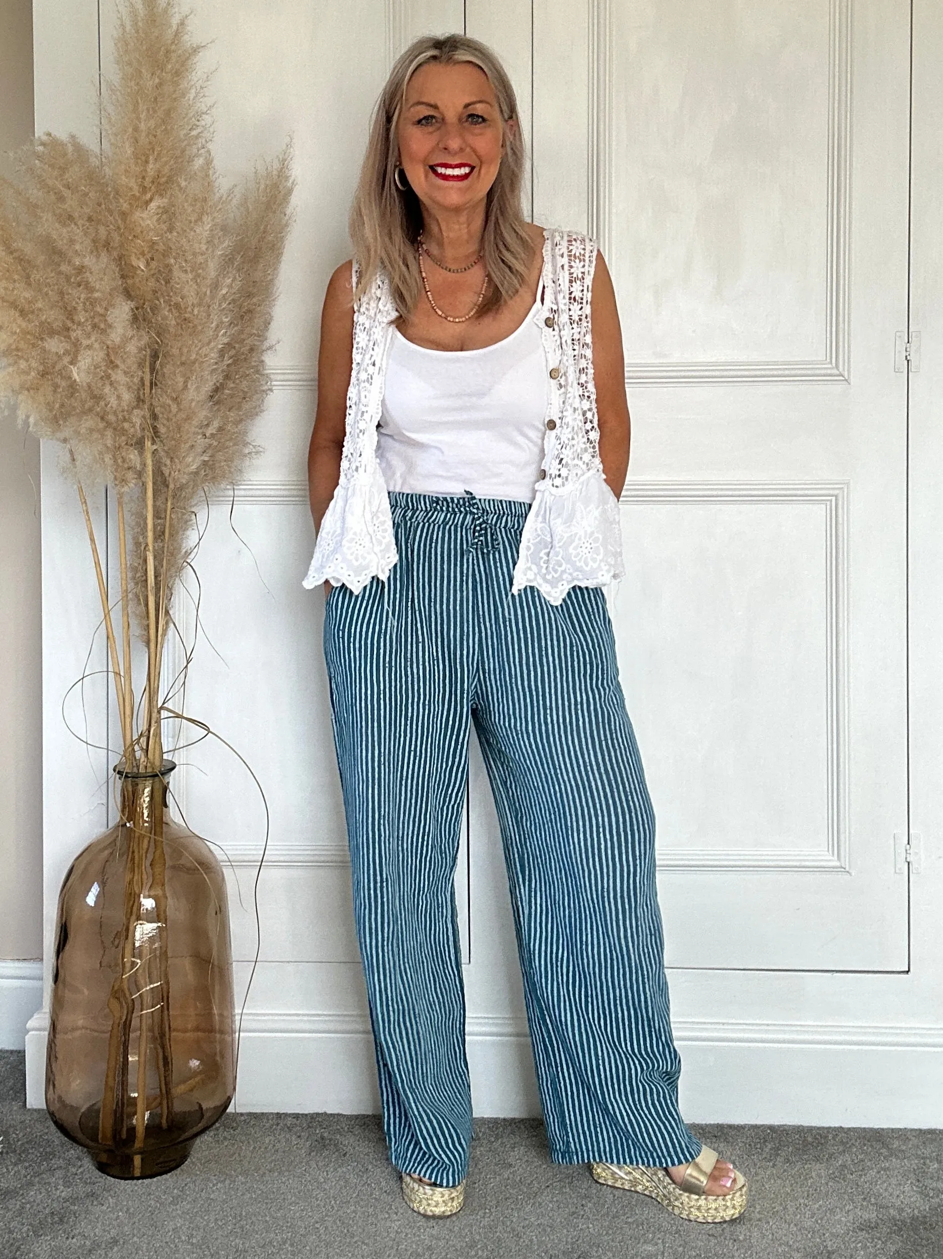 The Penny Pinstripe Wide Leg Cotton Pants Trouser With Pockets