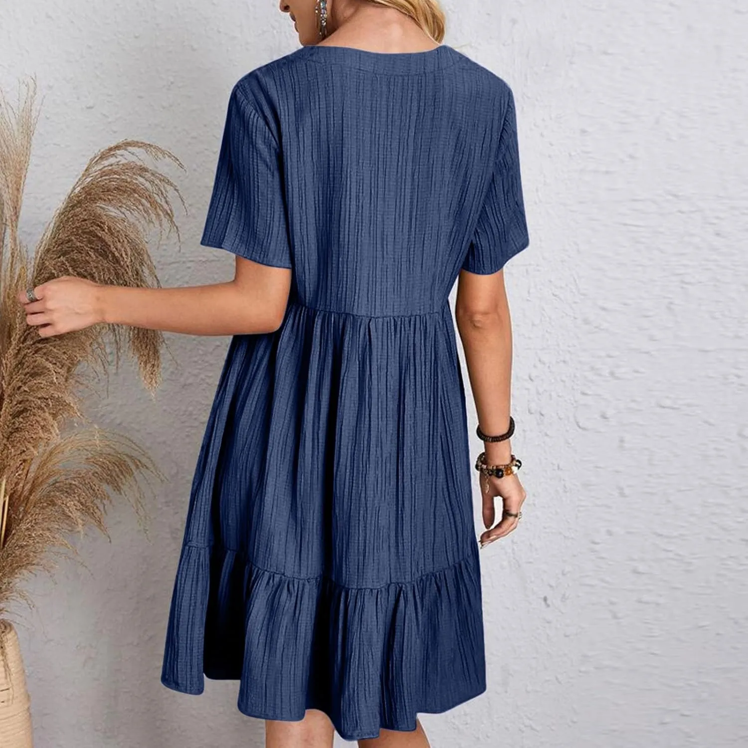 Vacation Dresses for Women 2025 Summer Loose Fit V Neck Short Sleeve Mini Dress Flowy Pleated Ruffle Hem Dress
