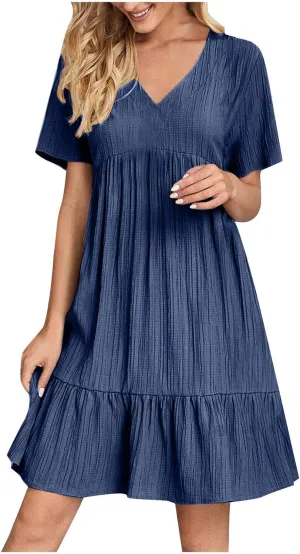 Vacation Dresses for Women 2025 Summer Loose Fit V Neck Short Sleeve Mini Dress Flowy Pleated Ruffle Hem Dress
