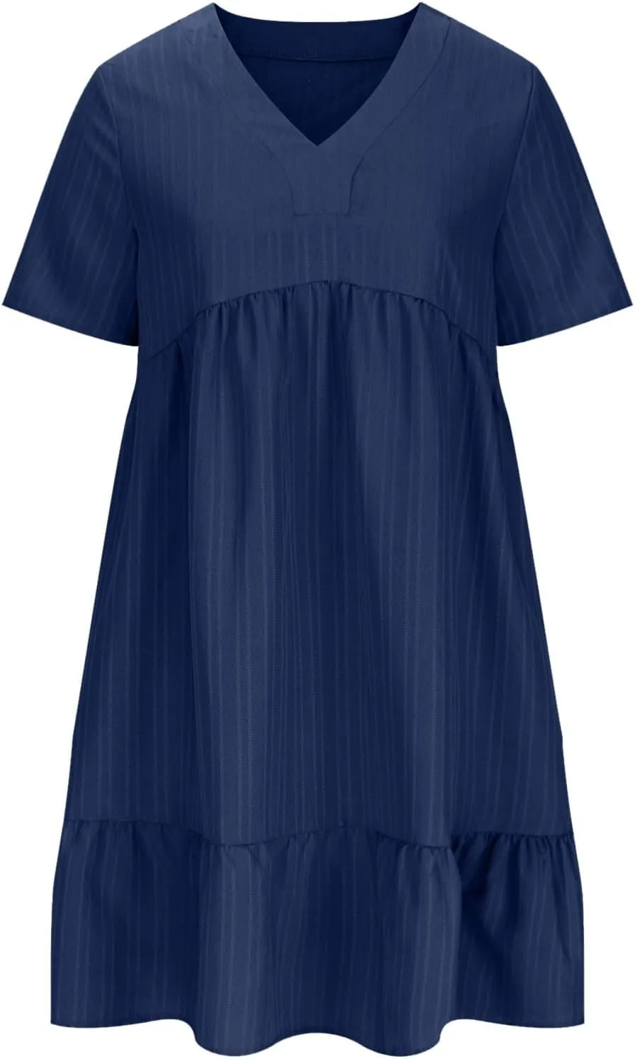 Vacation Dresses for Women 2025 Summer Loose Fit V Neck Short Sleeve Mini Dress Flowy Pleated Ruffle Hem Dress
