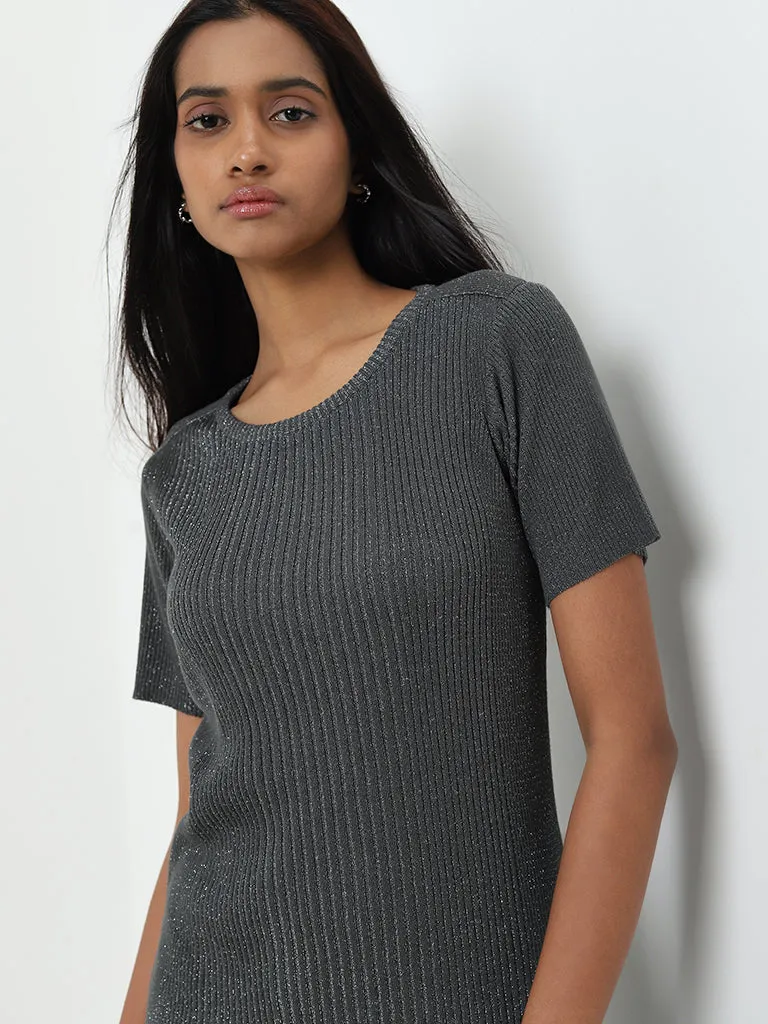 Wardrobe Dark Grey Ribbed Glitter Top