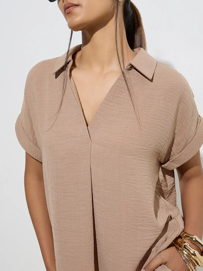 Wardrobe Light Brown Crinkle-Textured Top