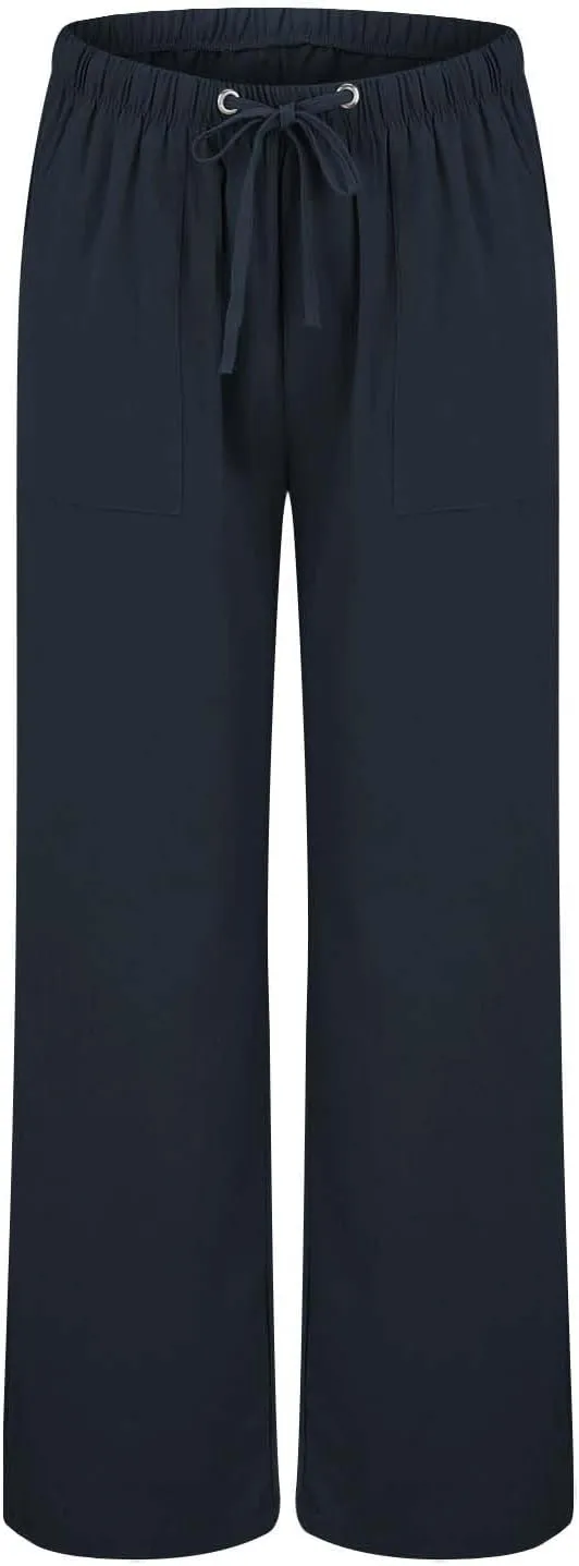 Wide Leg Linen Pants Woman Summer Elasticated Waist Drawstring Palazzo Pants Lightweight Beach Trousers with Pockets