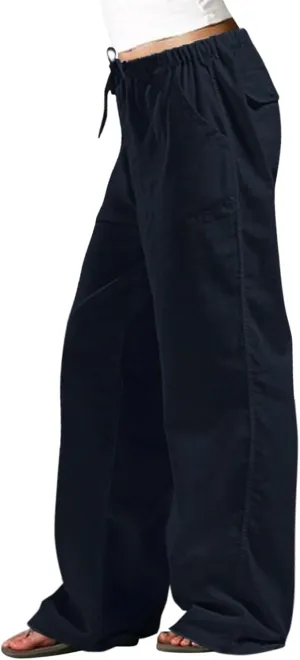 Wide Leg Linen Pants Woman Summer Elasticated Waist Drawstring Palazzo Pants Lightweight Beach Trousers with Pockets
