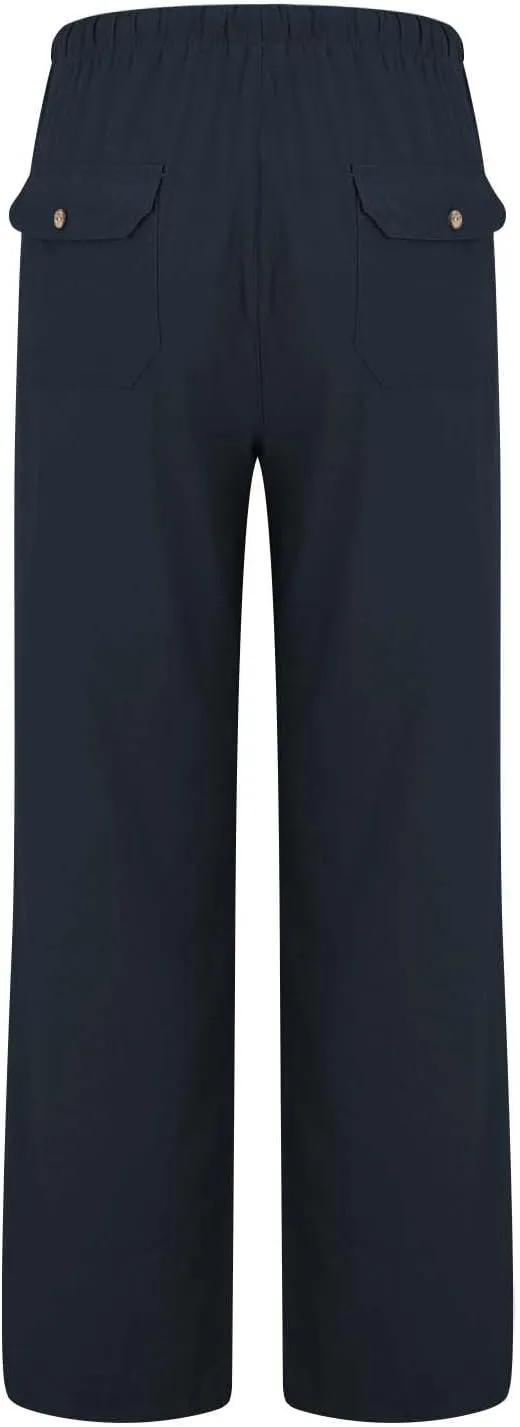 Wide Leg Linen Pants Woman Summer Elasticated Waist Drawstring Palazzo Pants Lightweight Beach Trousers with Pockets