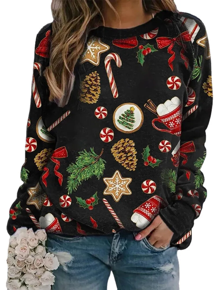 Women Allover Christmas Pattern Print O-Neck Relaxed Fit Long Sleeve Sweatshirt