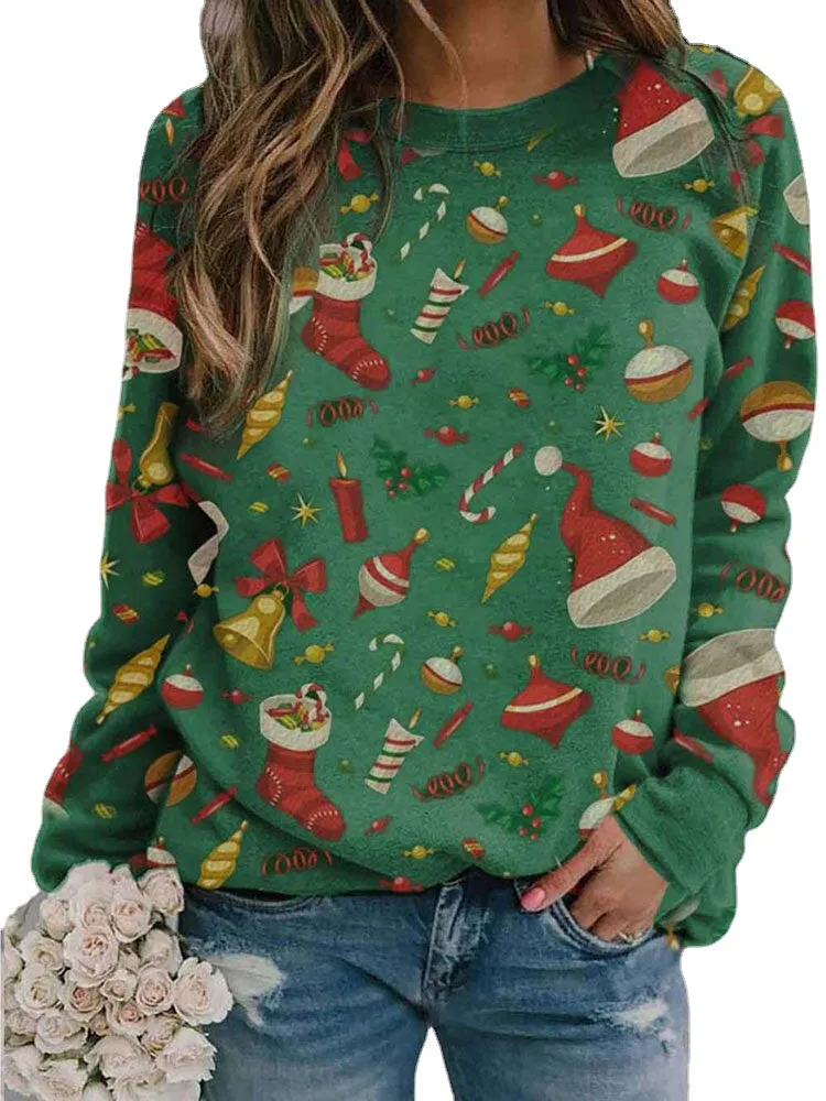 Women Allover Christmas Pattern Print O-Neck Relaxed Fit Long Sleeve Sweatshirt
