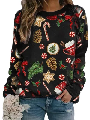 Women Allover Christmas Pattern Print O-Neck Relaxed Fit Long Sleeve Sweatshirt