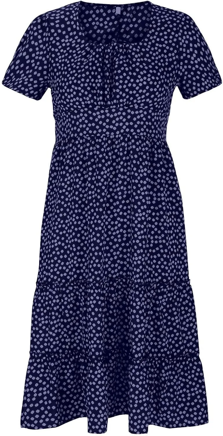 Women Boho Dress Summer Maxi Dress Polka Dot Sundress Short Sleeve A Line Tiered Dresses Flowy Beach Vacation Dress