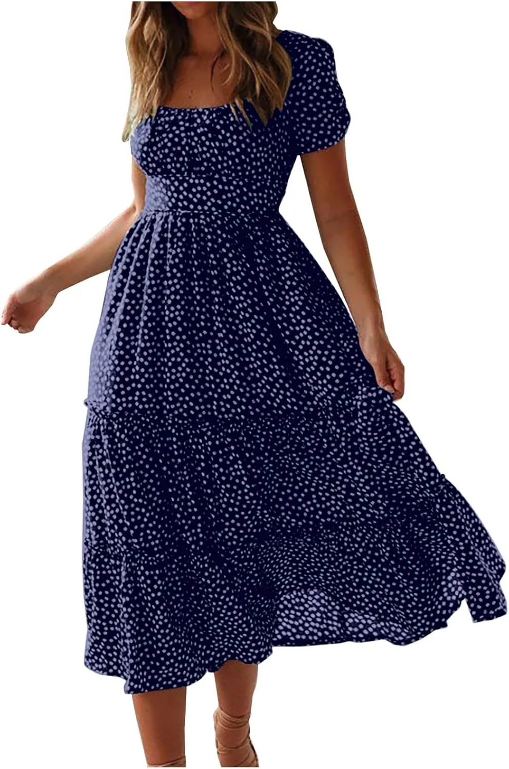 Women Boho Dress Summer Maxi Dress Polka Dot Sundress Short Sleeve A Line Tiered Dresses Flowy Beach Vacation Dress