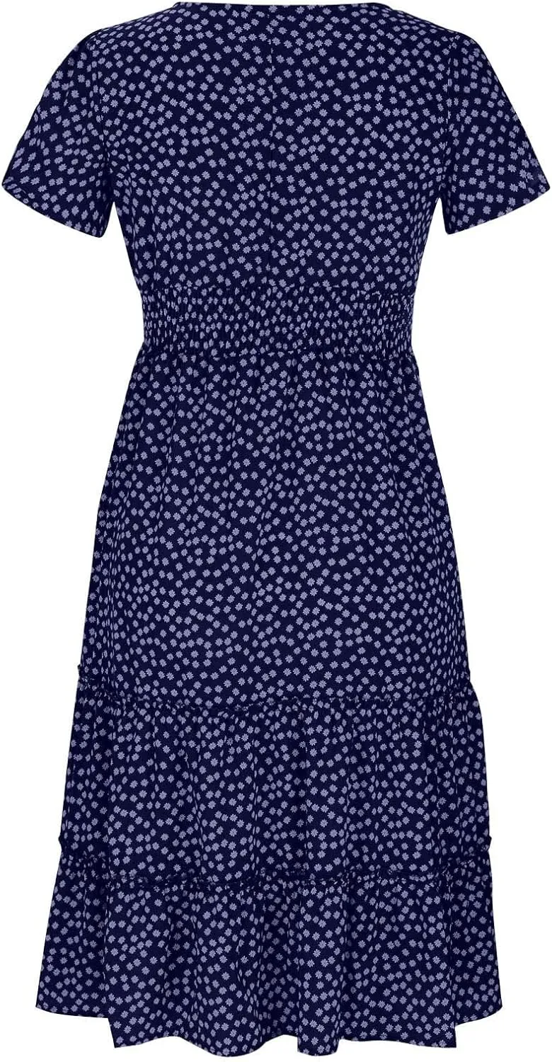 Women Boho Dress Summer Maxi Dress Polka Dot Sundress Short Sleeve A Line Tiered Dresses Flowy Beach Vacation Dress