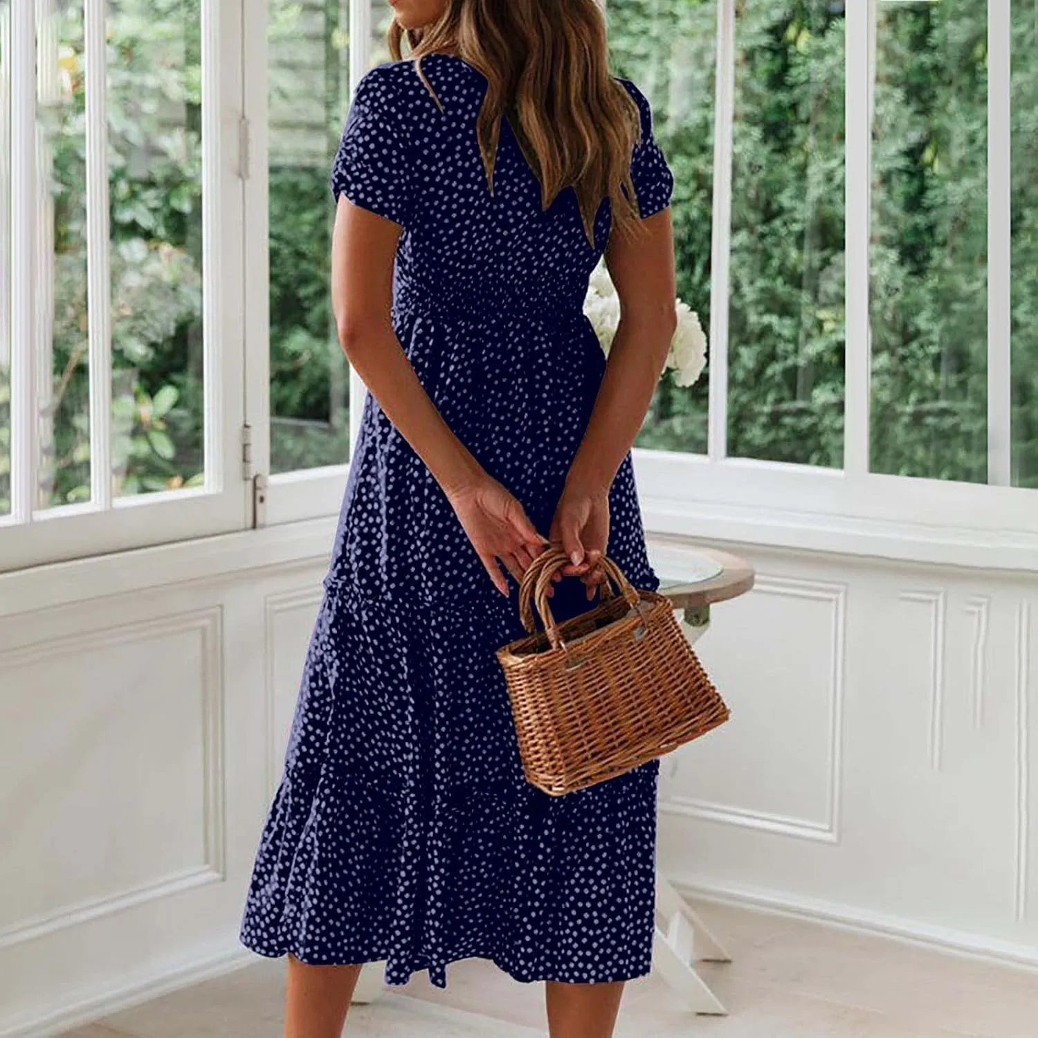 Women Boho Dress Summer Maxi Dress Polka Dot Sundress Short Sleeve A Line Tiered Dresses Flowy Beach Vacation Dress